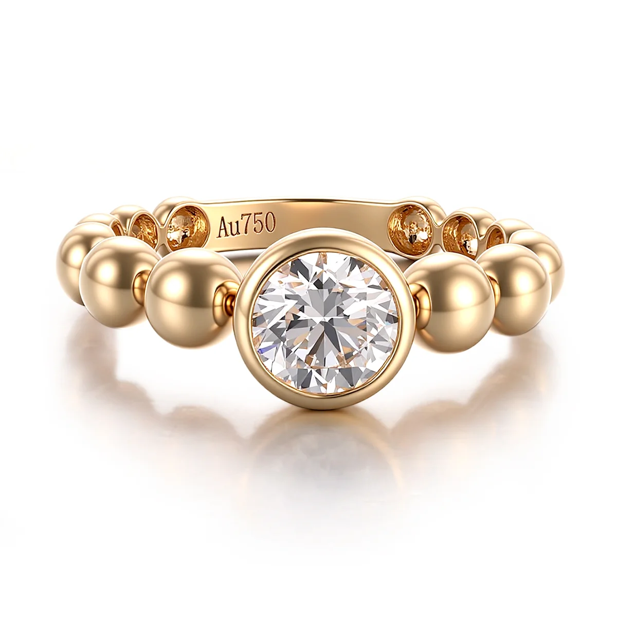 Anel de noivado solitário com diamante sintético redondo em formato de bolha, em ouro 18k. Anel de noivado solitário com diamante sintético redondo em formato de bolha, em ouro 18k.