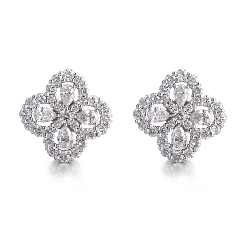 18k gold four leaf clover pear lab grown diamond stud earrings 1