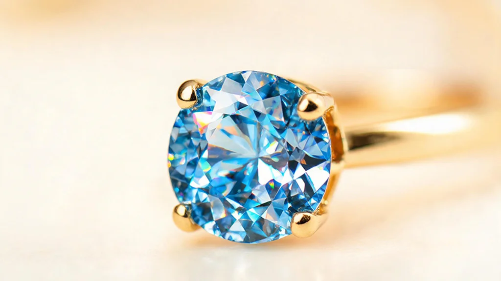Brilliant cut blue zircon gemstone in gold setting showing sparkle and fire