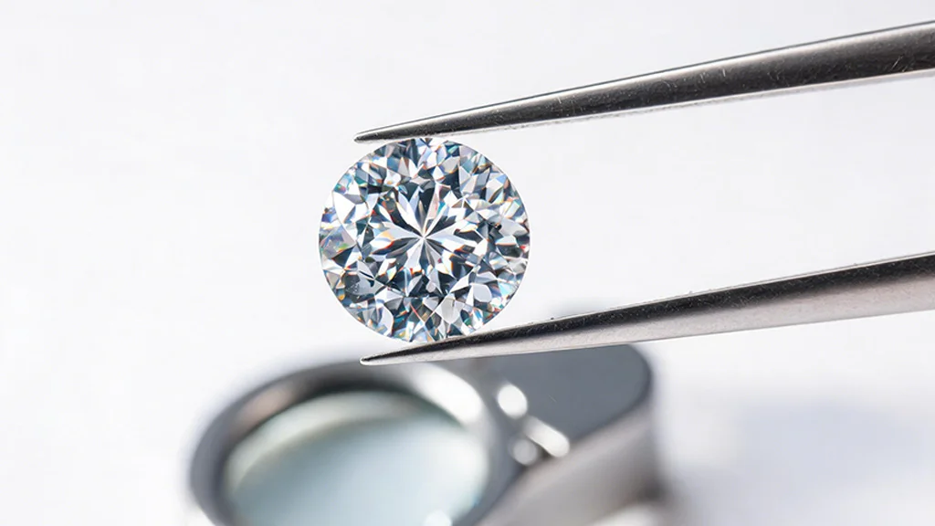 Close up of a loose diamond being examined under a jeweler's loupe for clarity grading