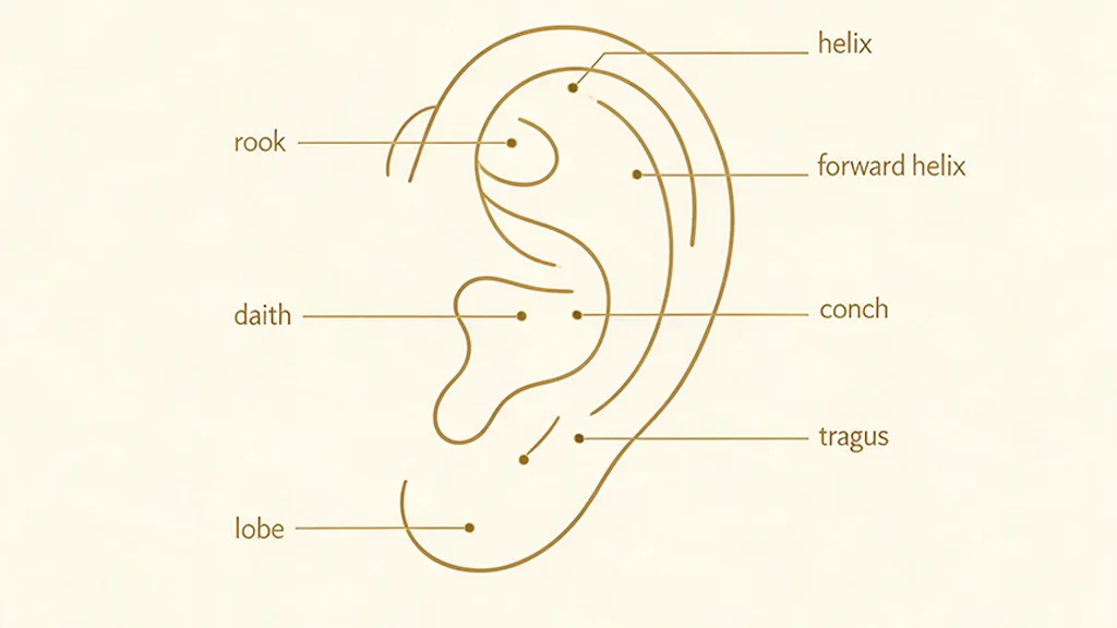 Diagram of ear piercing placements including lobe, helix, tragus, conch, rook, and daith
