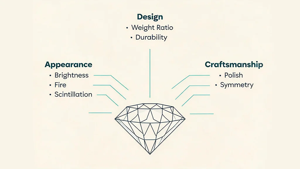 Diagram showing the seven components of diamond cut grades grouped into appearance, design and craftsmanship