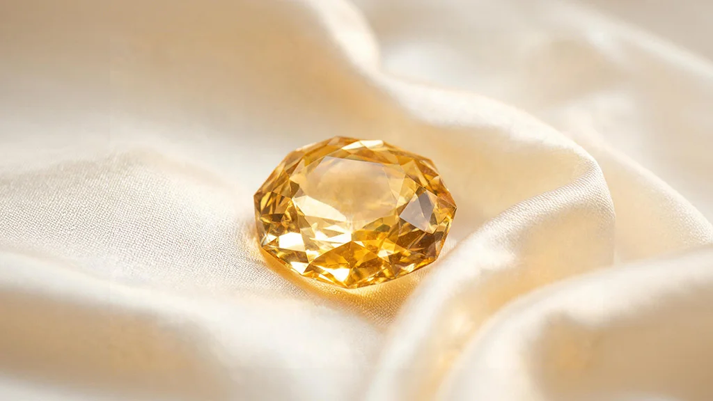 Faceted citrine gemstone displaying its warm golden yellow color