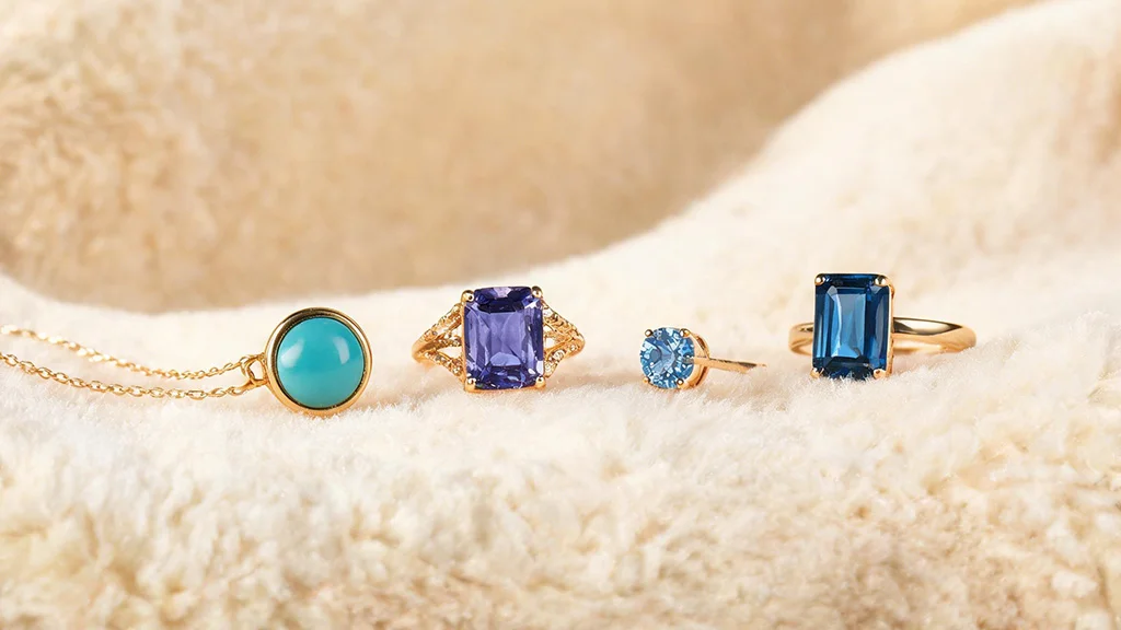 Four December's birthstone jewelry pieces turquoise, tanzanite, zircon, and blue topaz