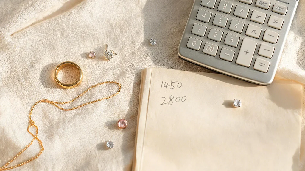 Gold jewelry pieces and gemstones arranged next to a calculator, representing the process of pricing jewelry