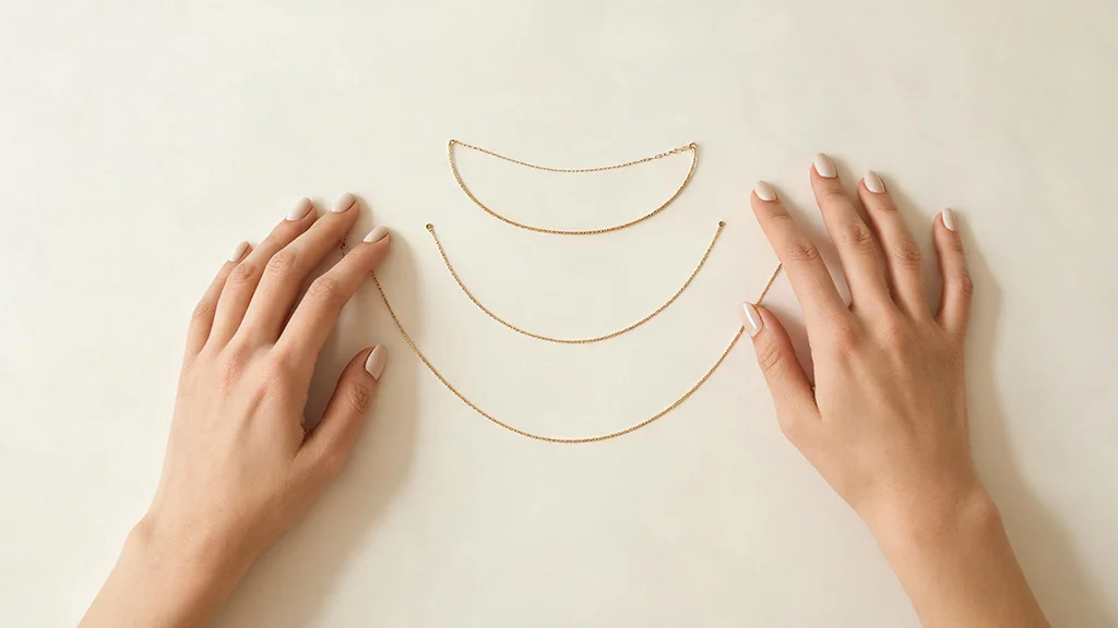 Hands arranging layered gold necklaces by length during the styling process