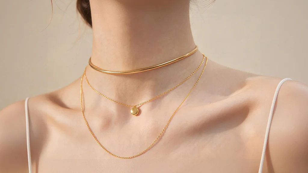 Layered gold necklace stack with three different lengths on a model's collarbone