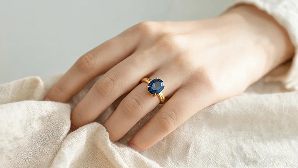 London blue topaz ring in gold band worn on hand, everyday jewelry style