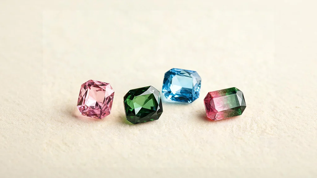Loose tourmaline gemstones in multiple colors including pink, green, and blue