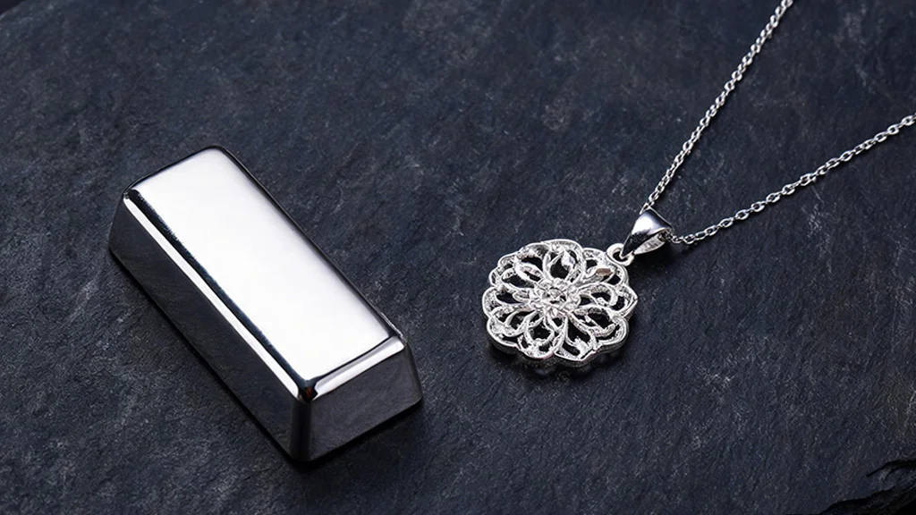 Pure fine silver bar and pendant showing bright white luster