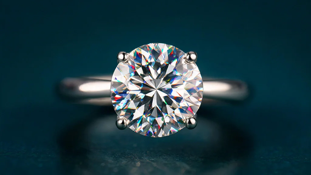 Round brilliant diamond ring showing colorful diamond fire under spotlight