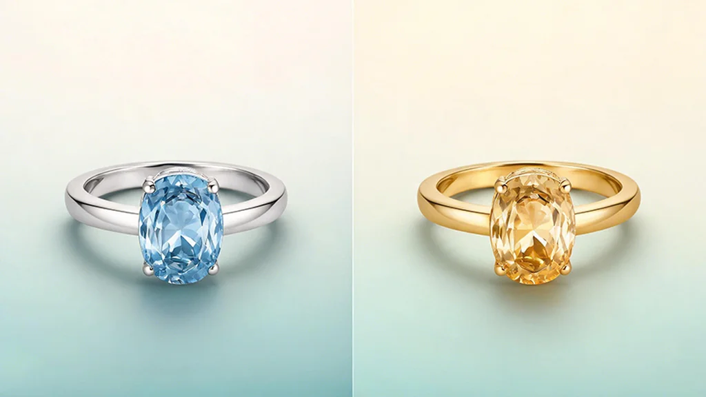Side by side comparison of a blue topaz ring and a citrine ring in gold settings showing november's birthstone