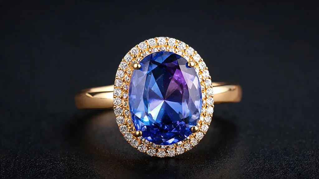 Tanzanite ring in gold halo setting showing blue violet color shift