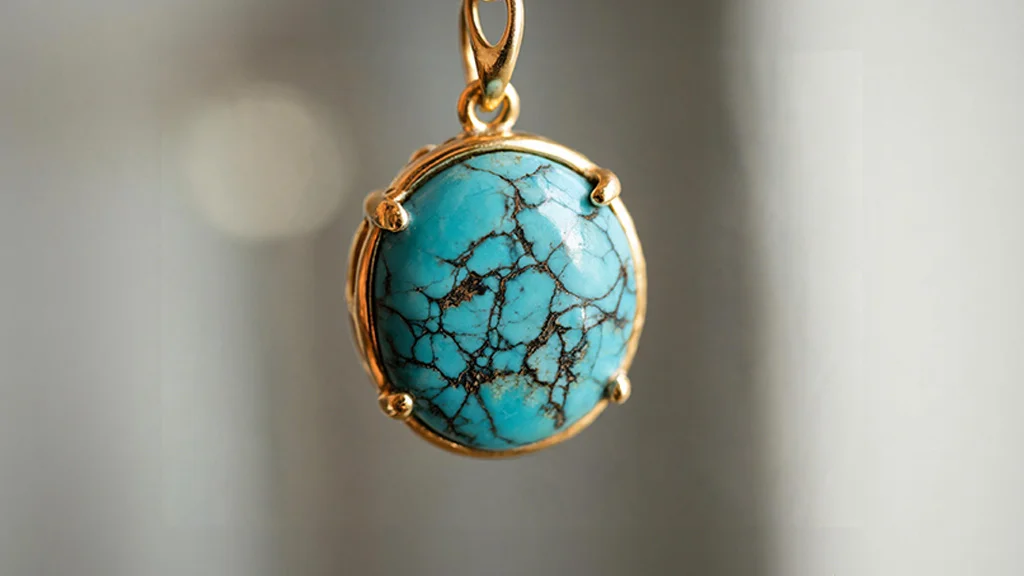Turquoise gemstone pendant set in gold showing natural matrix veining