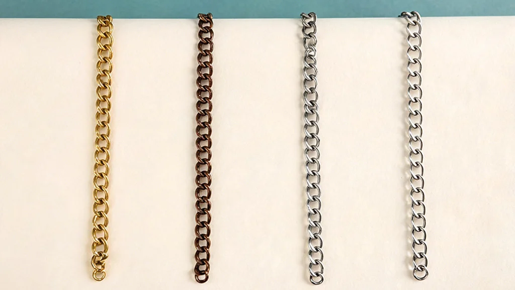 Brass, bronze, nickel silver and stainless steel jewelry chain samples