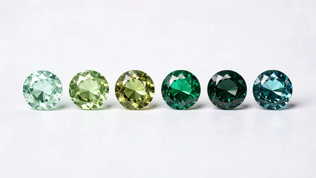 Row of six round brilliant cut green gemstones in shades from pale mint to deep forest green