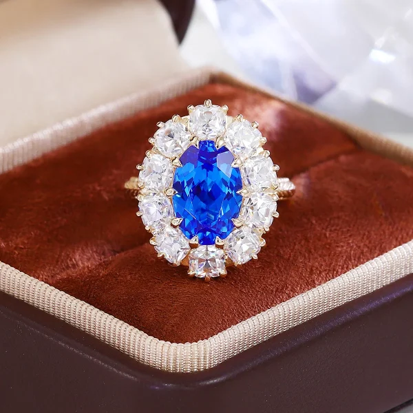 14k gold 3ct oval blue lab grown sapphire halo engagement ring 5