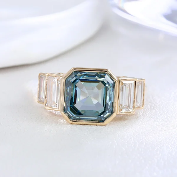 14k gold asscher blue lab grown diamond bezel side stone engagement ring 2