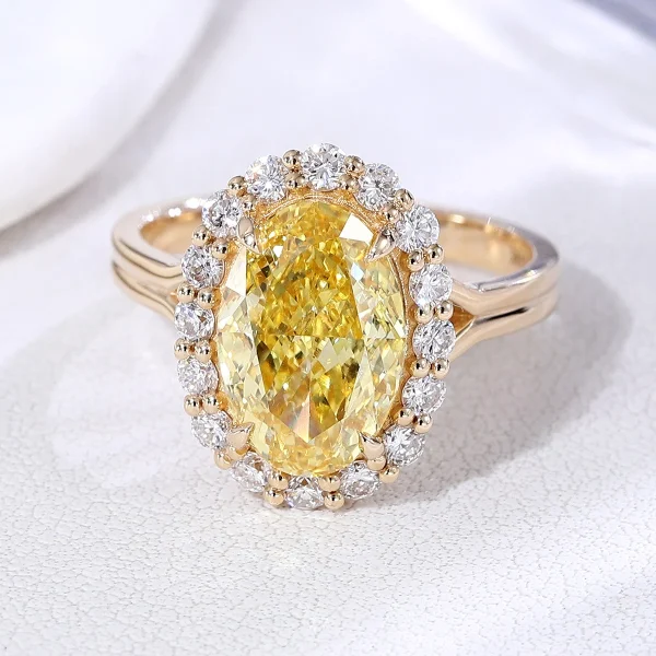 14k gold oval yellow lab grown diamond prong set halo engagement ring 2